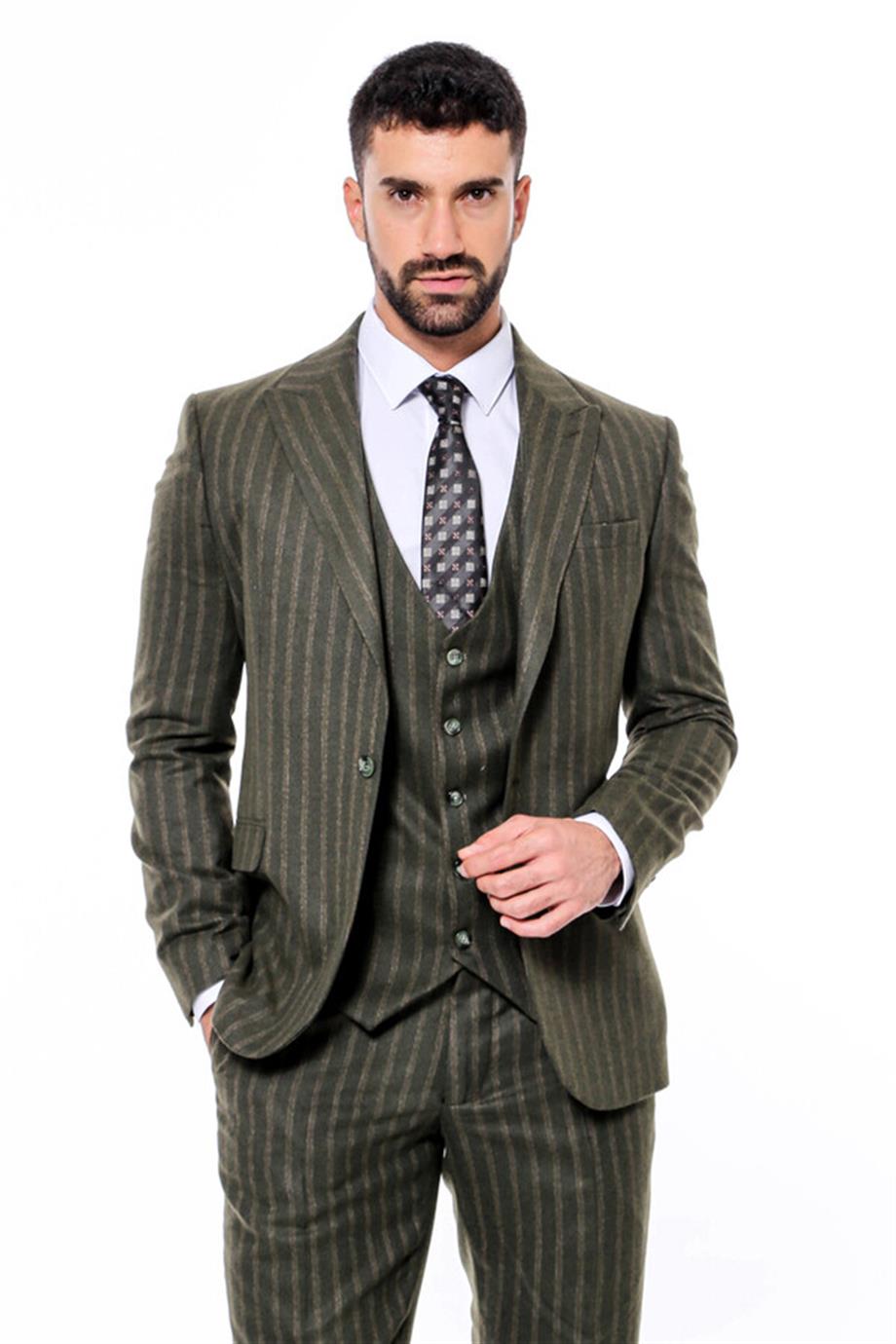 Çizgili Yelekli Yeşil Slim Fit Takım Elbise