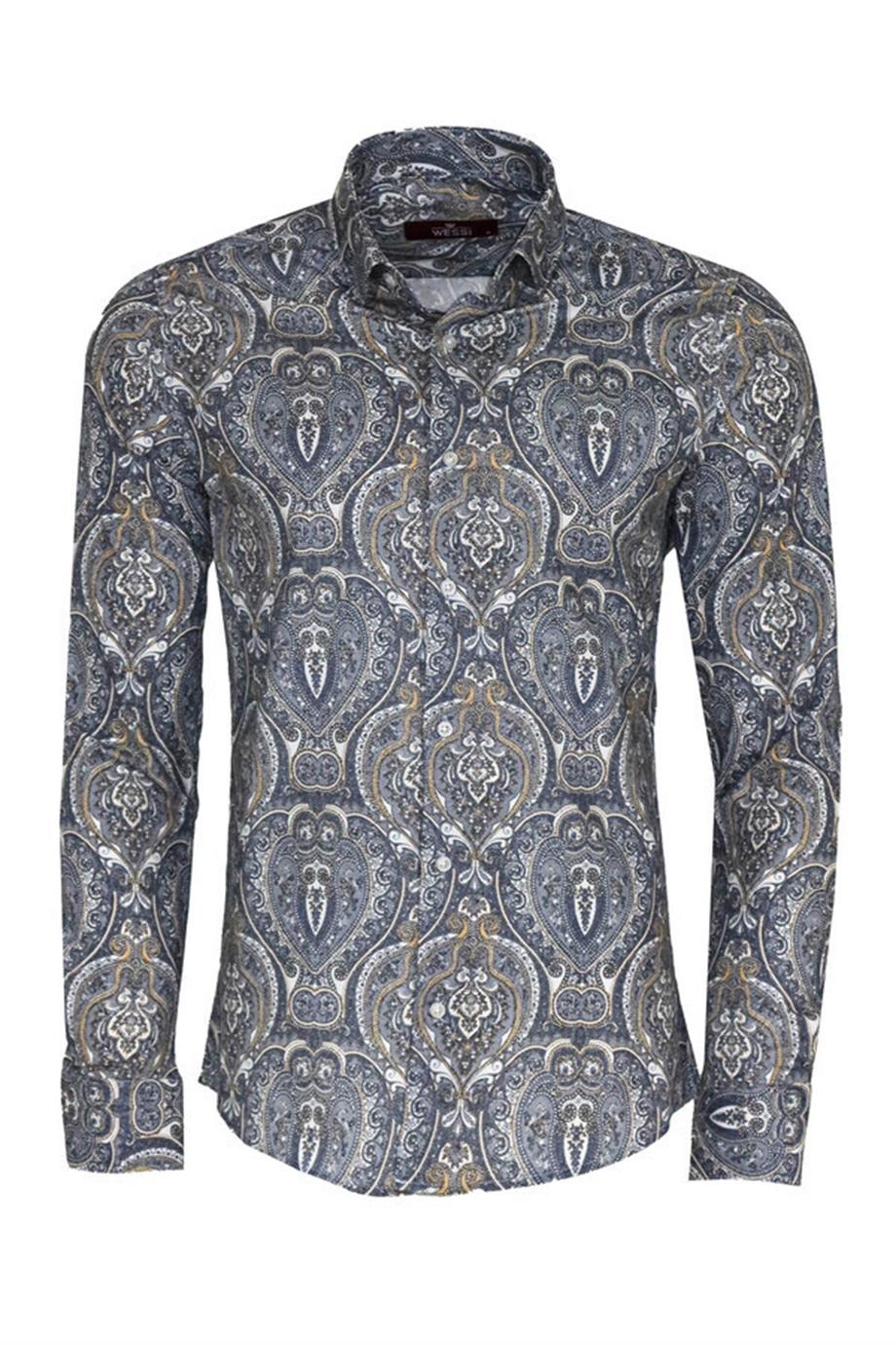 Damask Desenli Mavi Slim Fit Gömlek