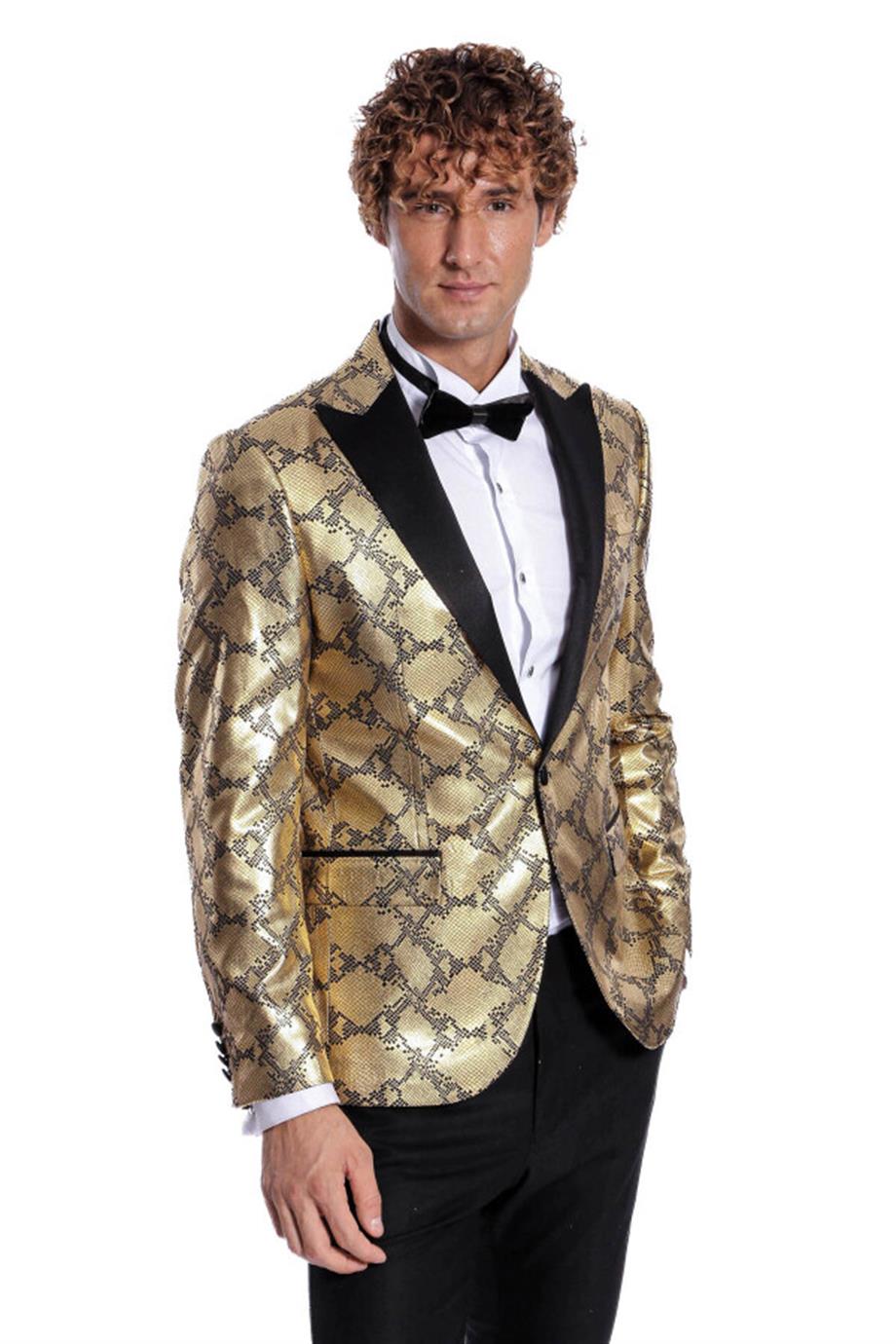 Desenli Slim Fit Gold Erkek Smokin Ceket