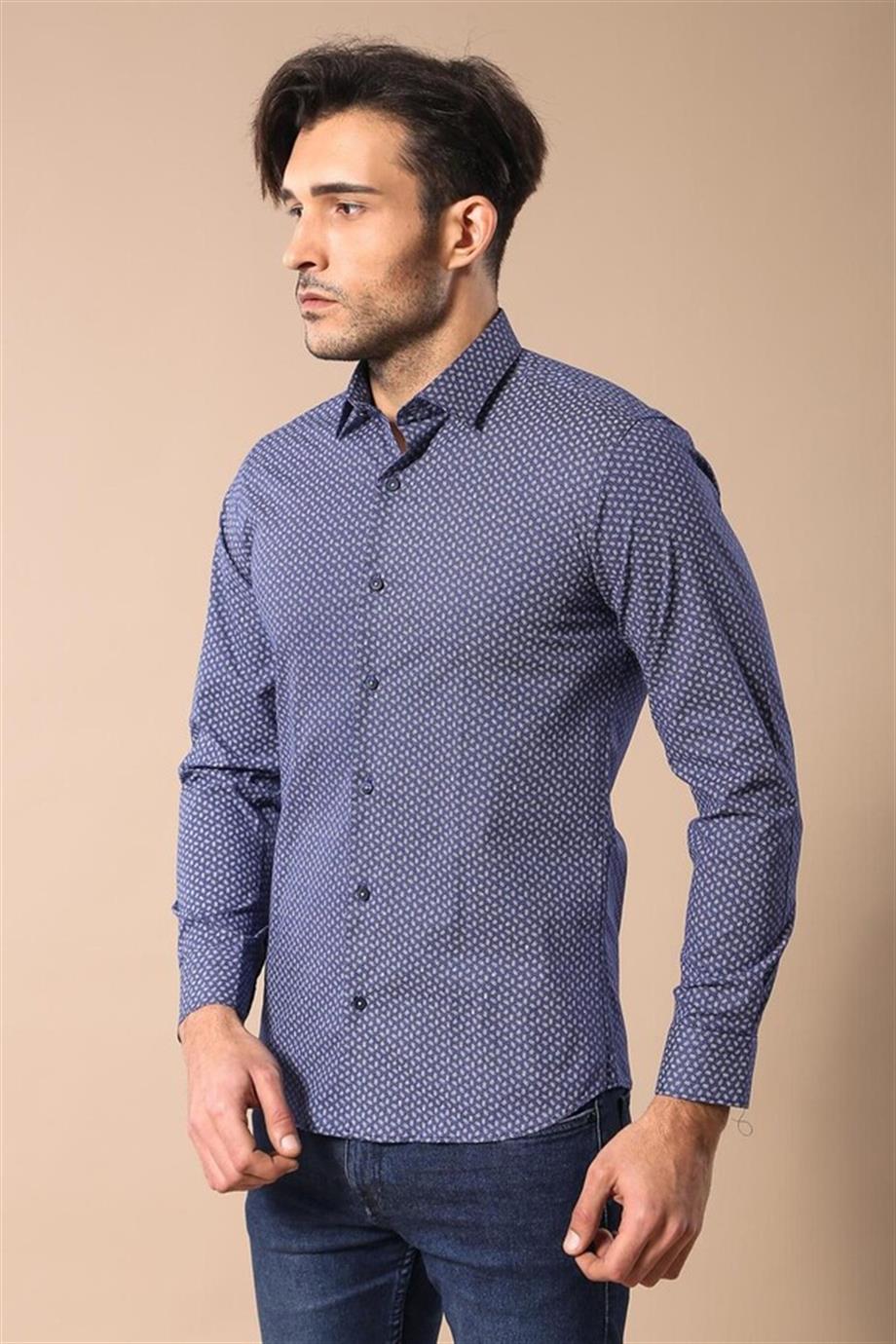 Desenli Slim Fit Lacivert Uzun Kollu Gömlek | Wessi