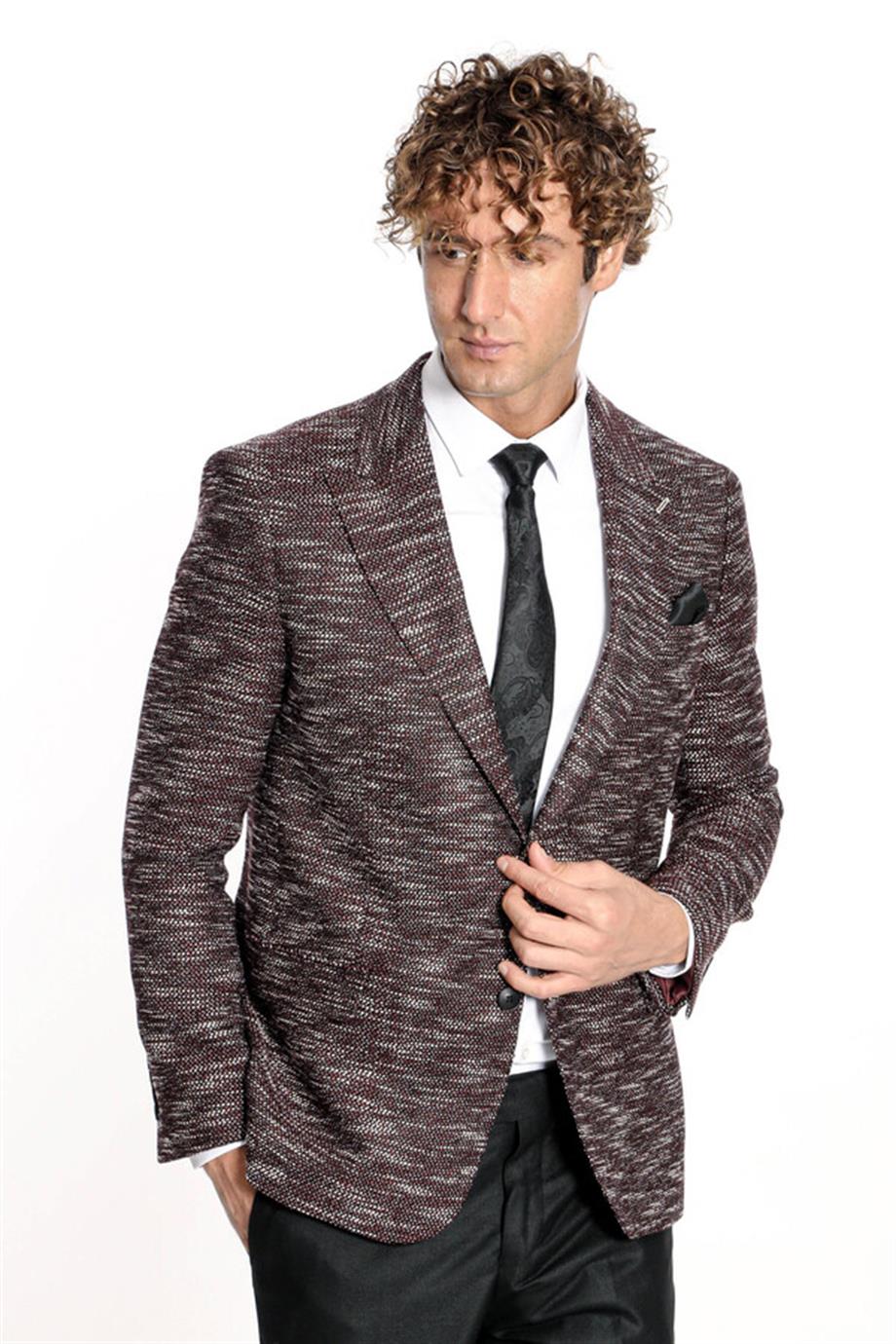 Desenli Slim Fit Spor Bordo Erkek Ceket