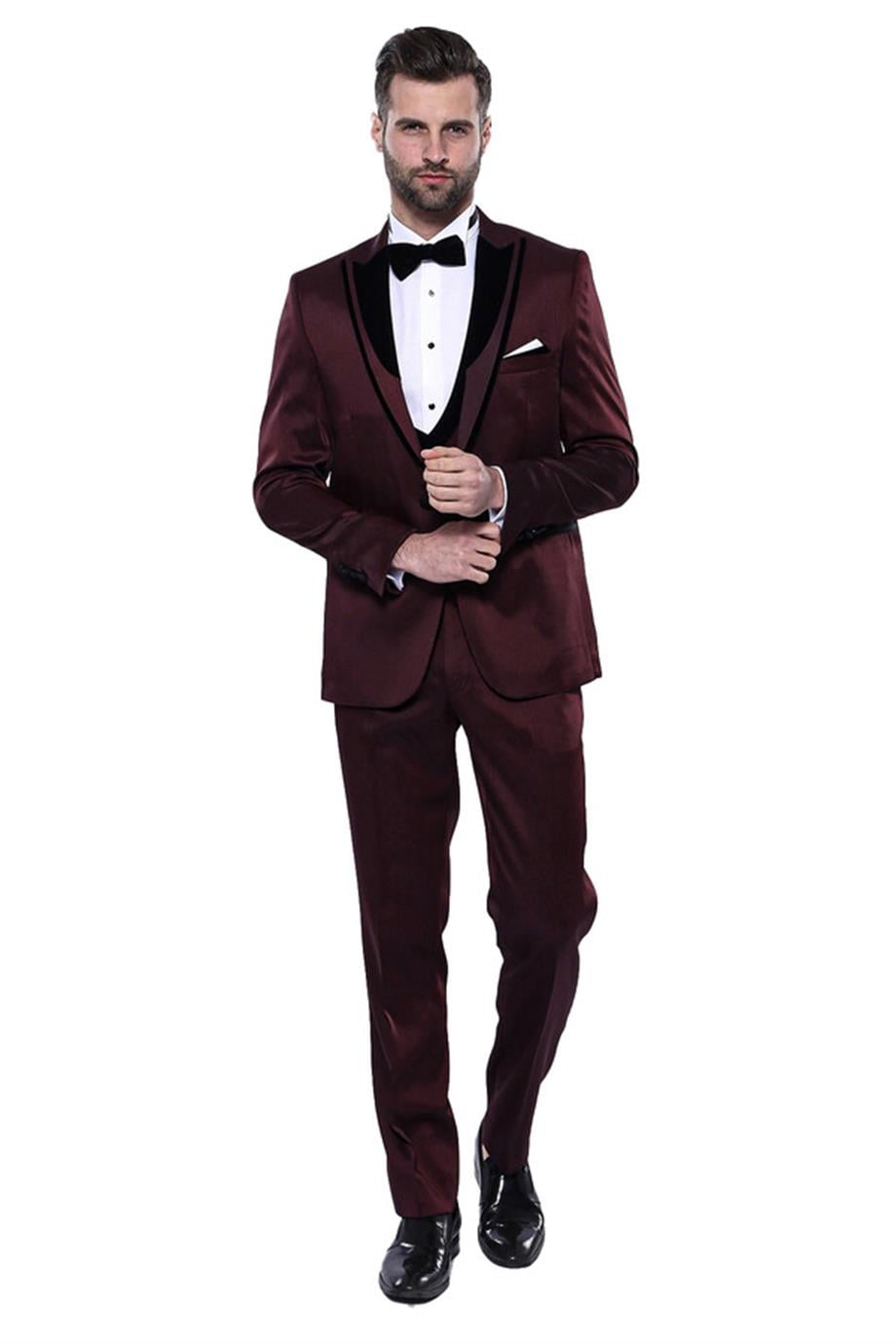 Desenli Velvet Yaka Bordo Takım Elbise | Wessi