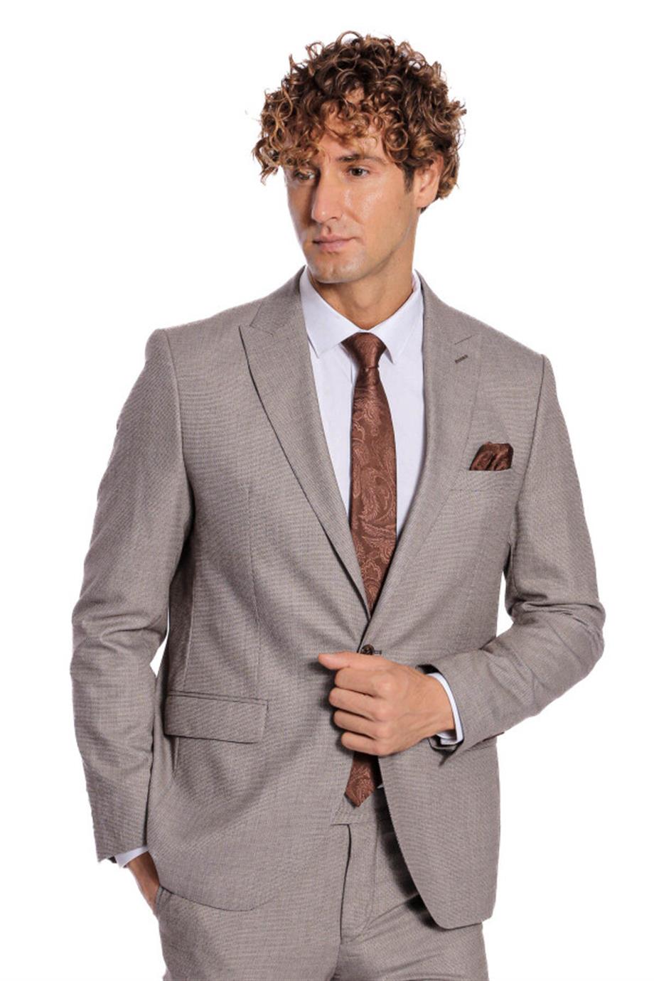 Desensiz İki Parça Slim Fit Koyu Bej Erkek Takım Elbise
