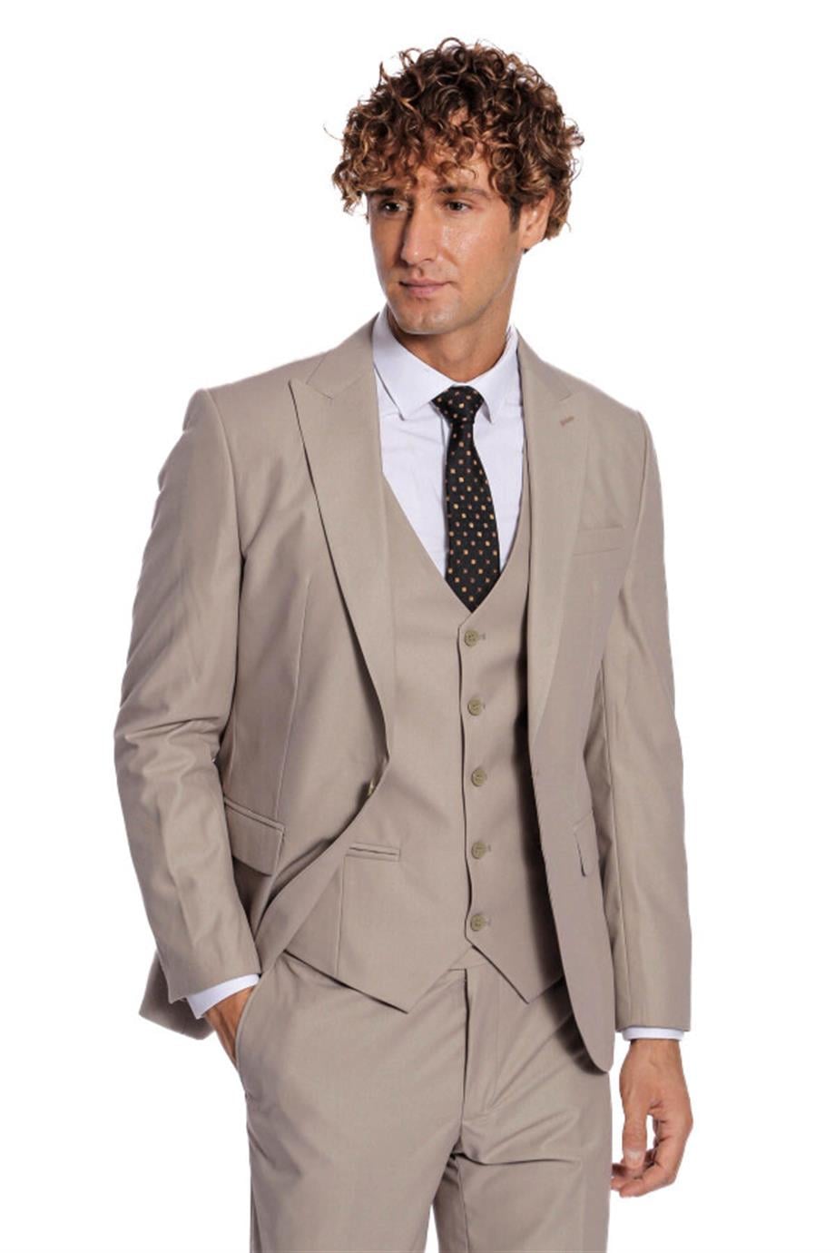 Desensiz Yelekli Slim Fit Açık Kahverengi Takım Elbise