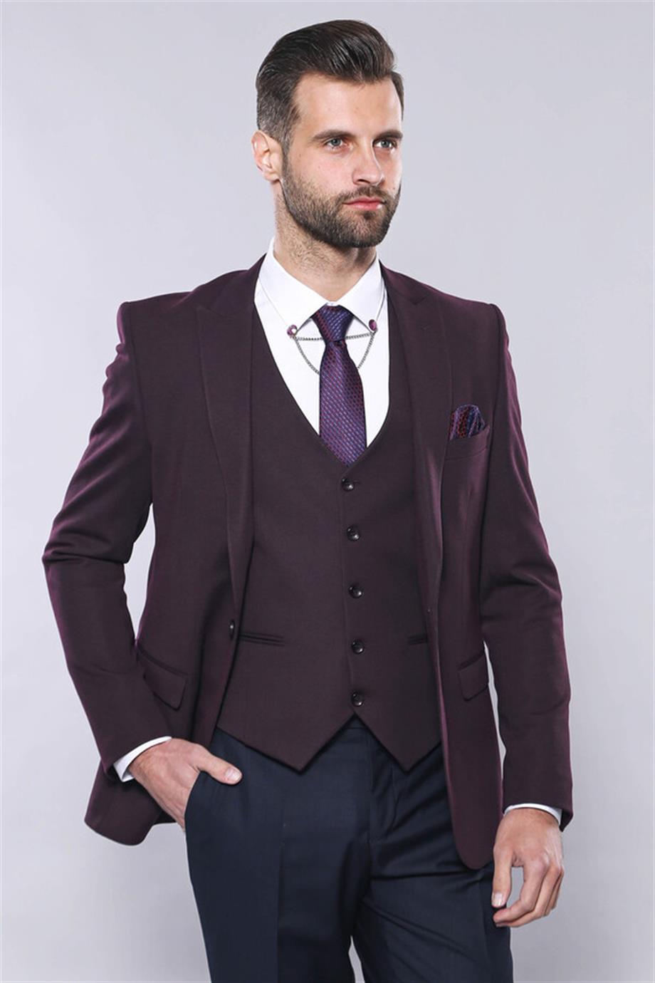 Düz Bordo Slim Fit Yelek Ceket Set | Wessi