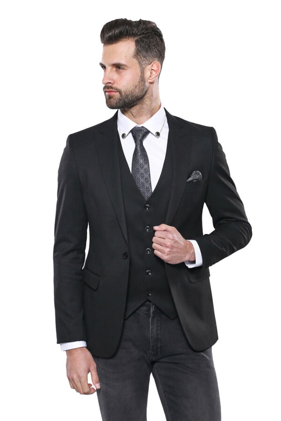 Düz Siyah Slim Fit Yelek Ceket Set | Wessi