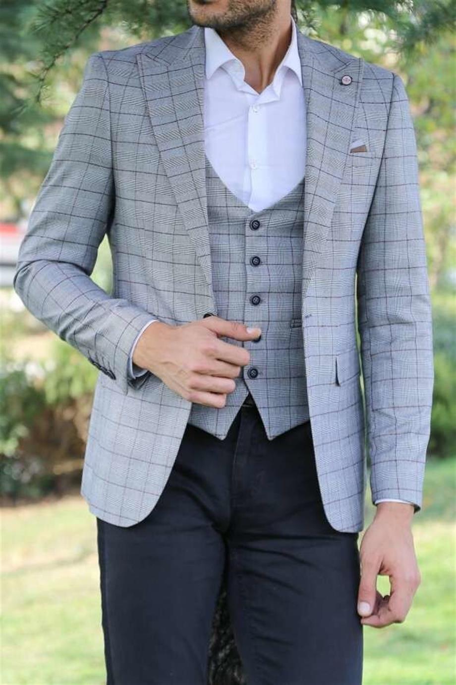 Ekose Ceket Yelek Set