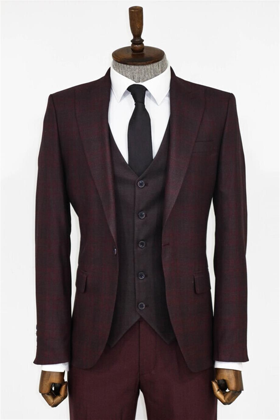 Ekose Ceketli Bordo Slim Fit Takım Elbise