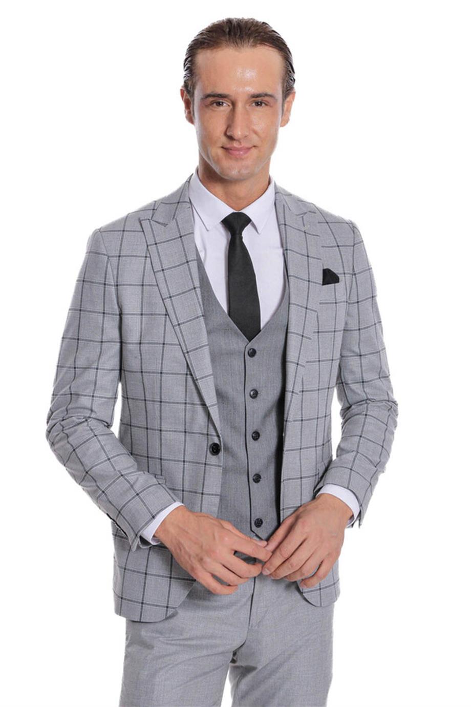 Ekose Ceketli Desenli Slim Fit Gri Erkek Takım Elbise