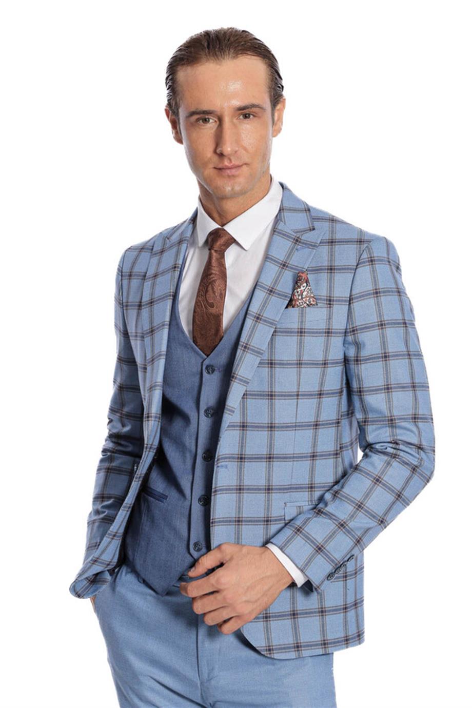 Ekose Ceketli Desenli Slim Fit Mavi Erkek Takım Elbise