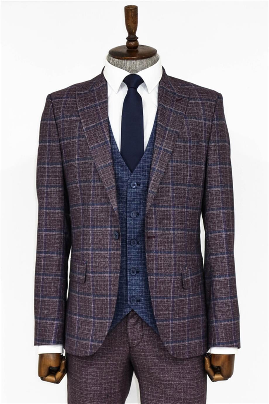 Ekose Ceketli Mor Slim Fit Takım Elbise
