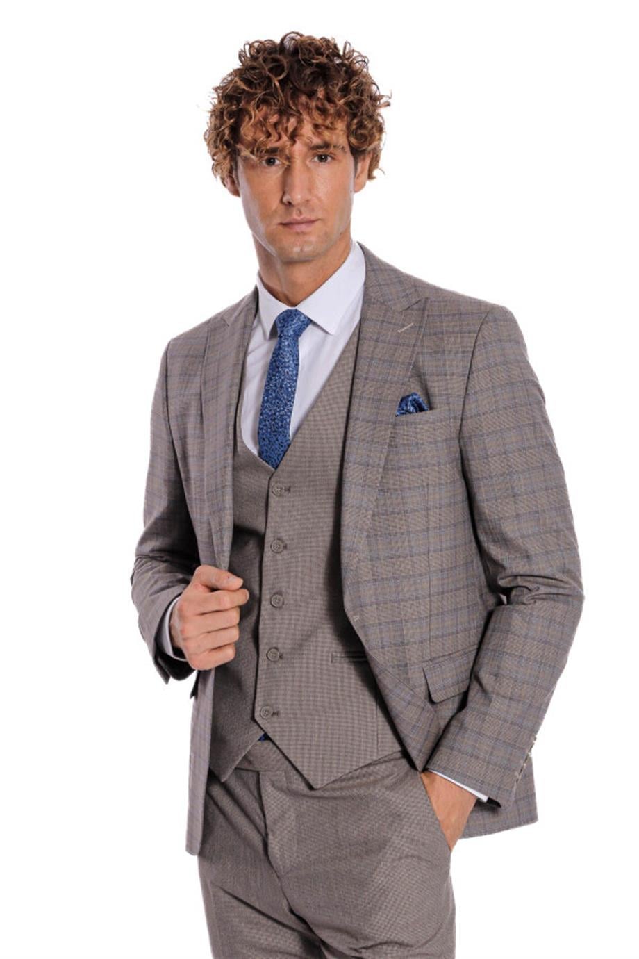 Ekose Ceketli Slim Fit Açık Kahve Erkek Takım Elbise