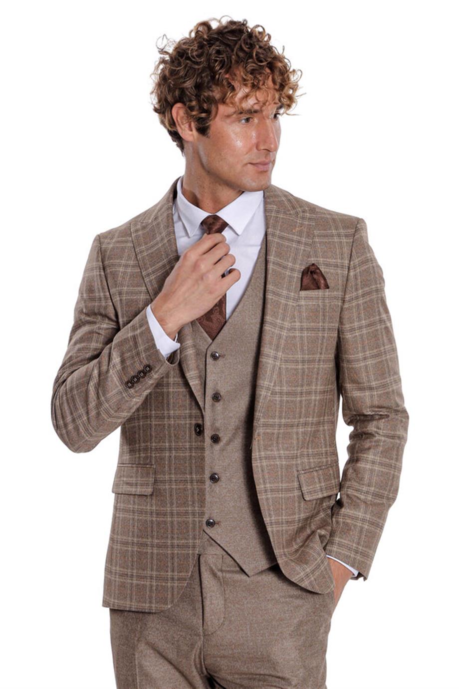 Ekose Ceketli Slim Fit Açık Kahverengi Erkek Takım Elbise
