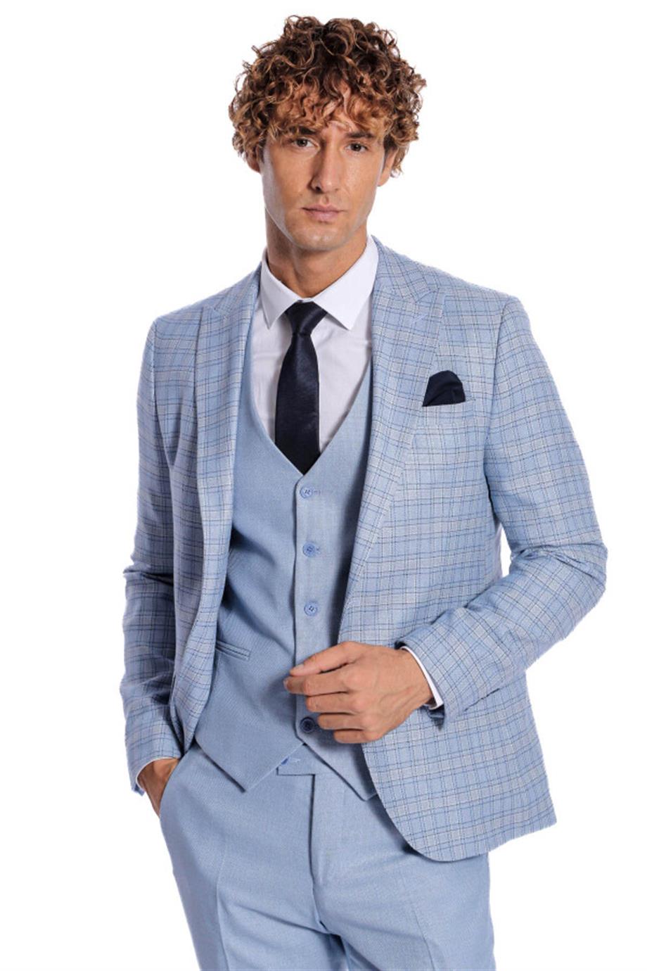 Ekose Ceketli Slim Fit Açık Mavi Erkek Takım Elbise