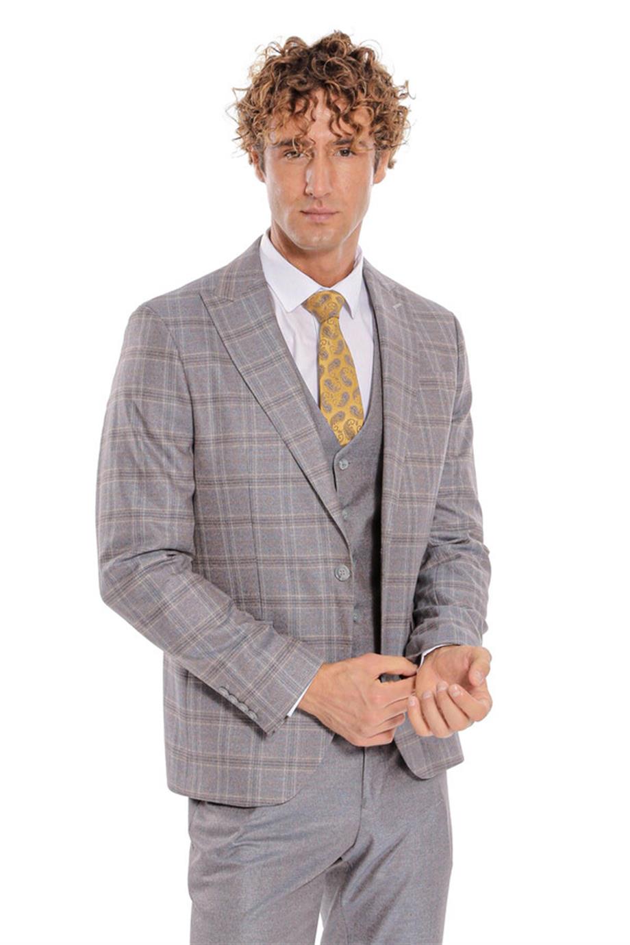 Ekose Ceketli Slim Fit Açık Mavi Erkek Takım Elbise