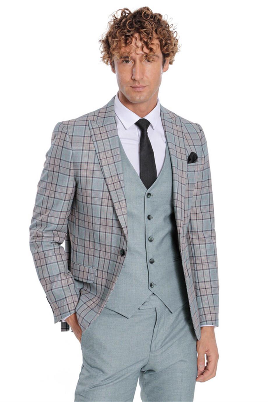 Ekose Ceketli Slim Fit Açık Yeşil Erkek Takım Elbise