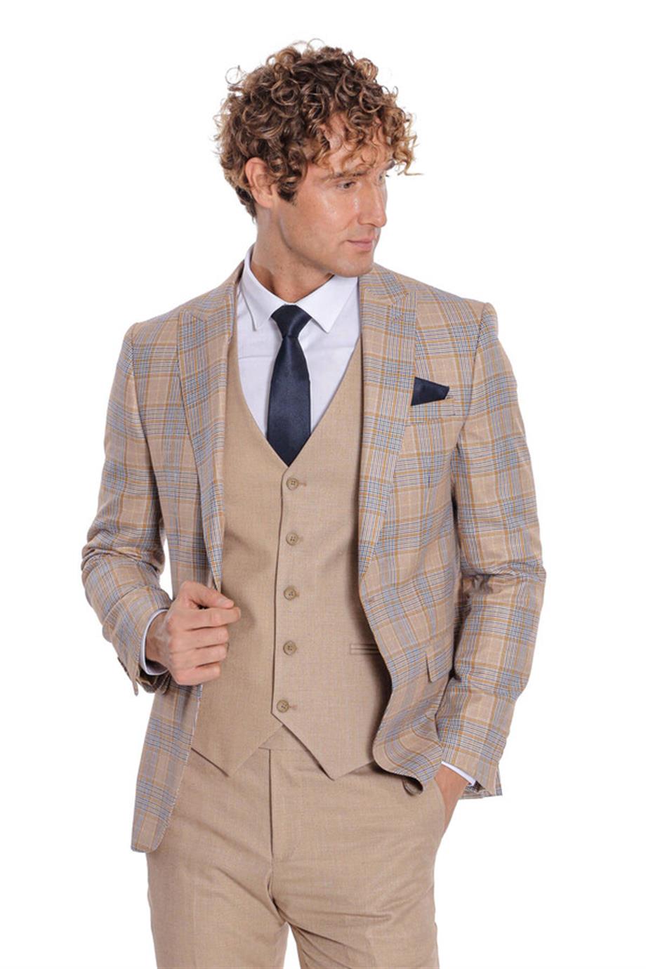 Ekose Ceketli Slim Fit Bej Erkek Takım Elbise
