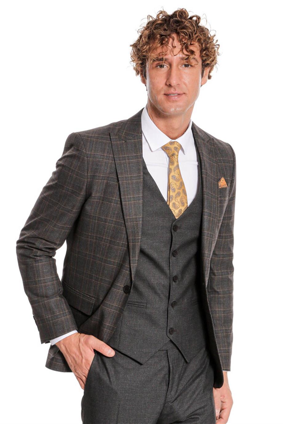 Ekose Ceketli Slim Fit Füme Erkek Takım Elbise