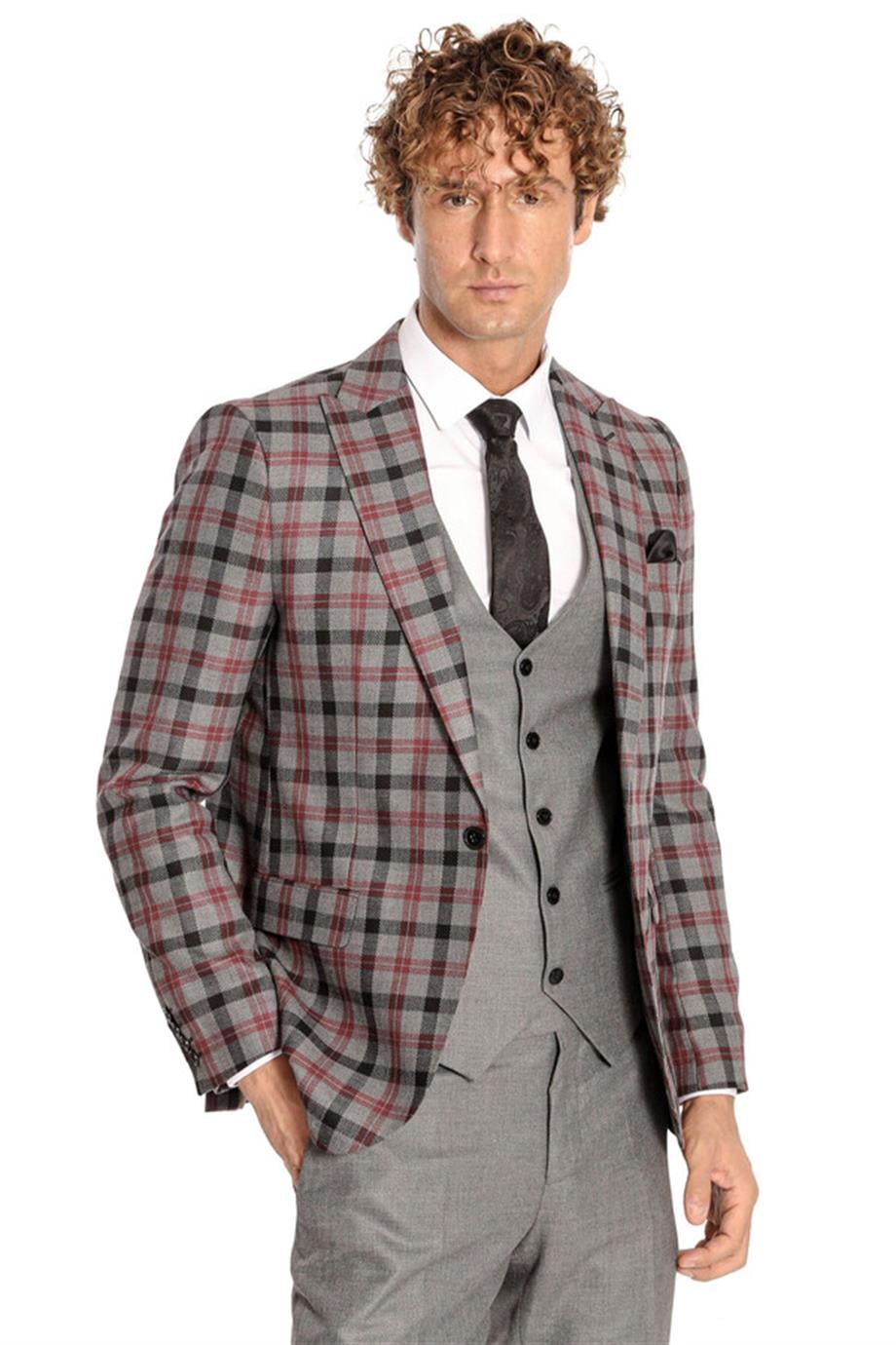 Ekose Ceketli Slim Fit Gri Erkek Takım Elbise
