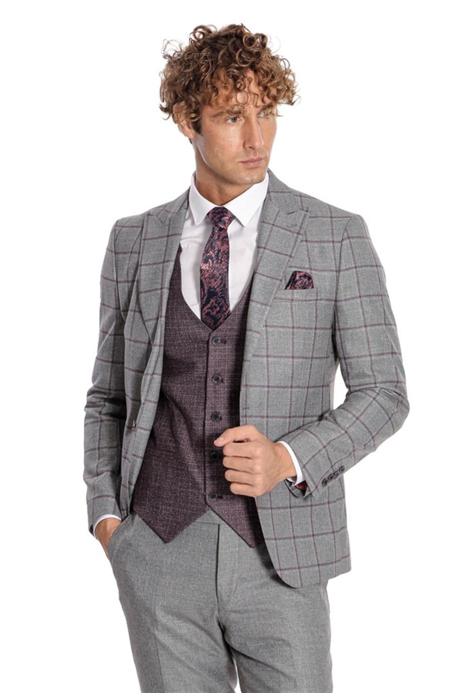 Ekose Ceketli Slim Fit Gri Erkek Takım Elbise