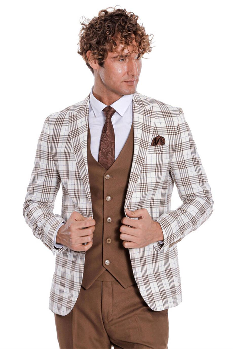 Ekose Ceketli Slim Fit Kahverengi Erkek Takım Elbise