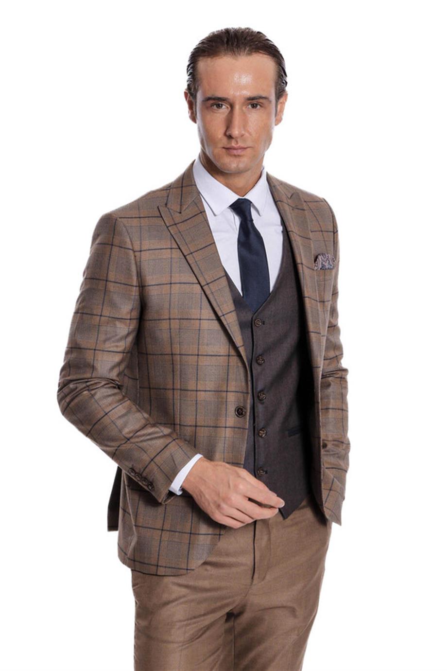 Ekose Ceketli Slim Fit Kahverengi Erkek Takım Elbise
