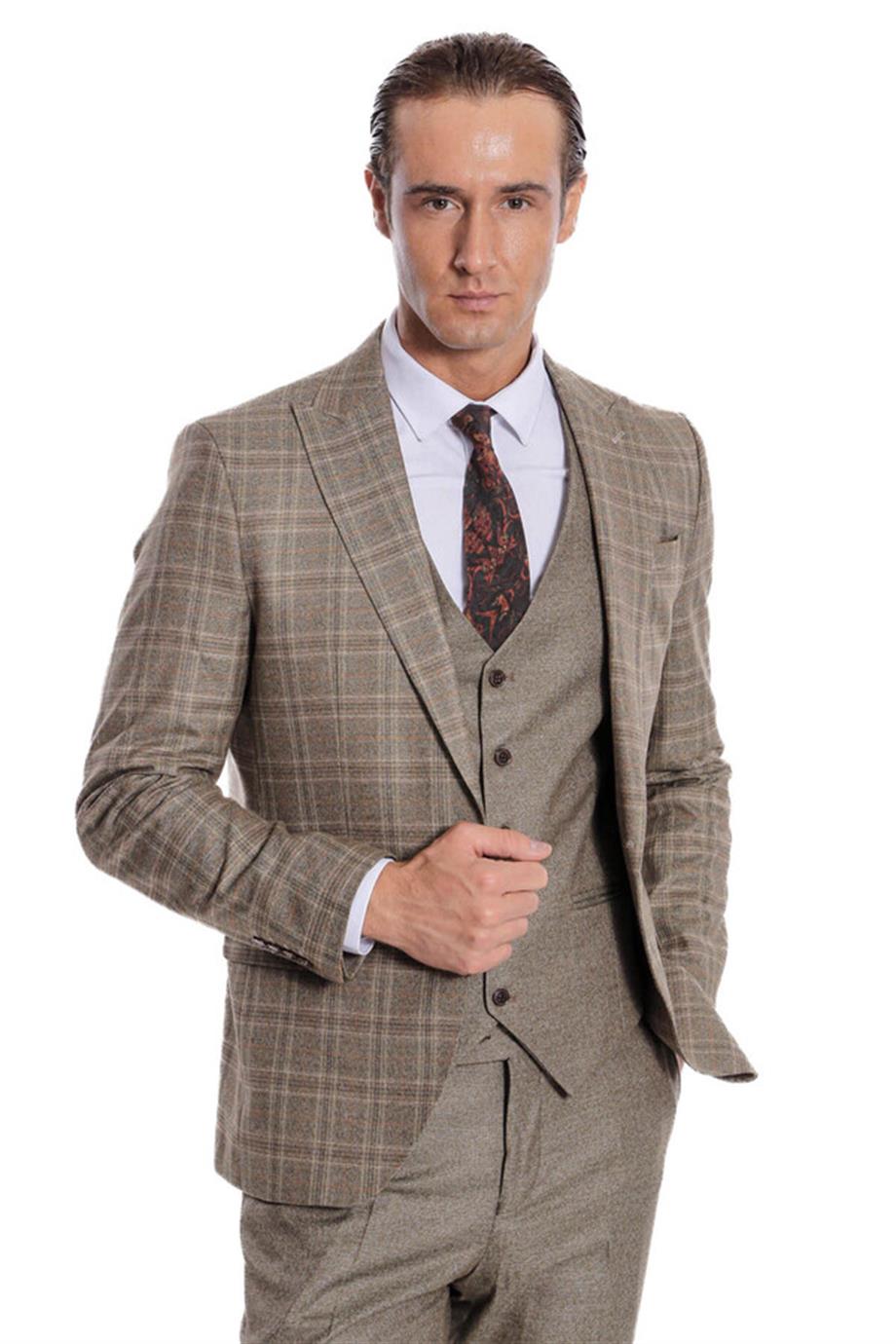 Ekose Ceketli Slim Fit Kahverengi Erkek Takım Elbise
