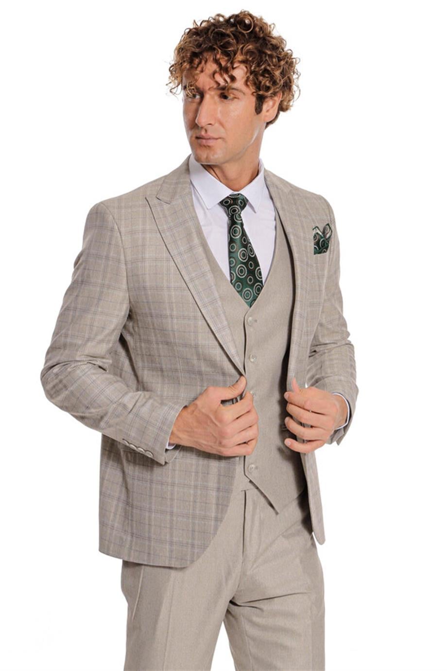 Ekose Ceketli Slim Fit Krem Erkek Takım Elbise