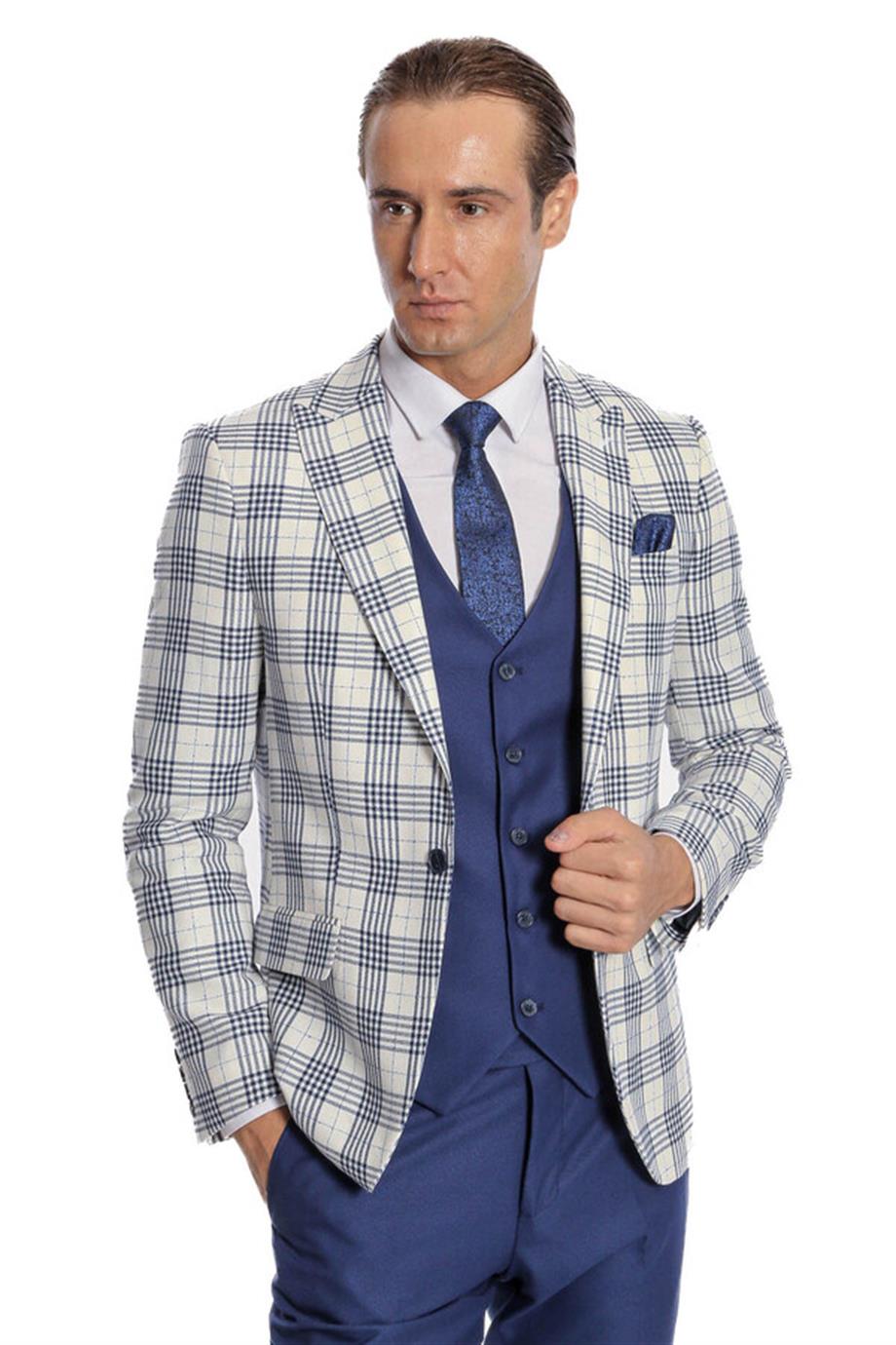 Ekose Ceketli Slim Fit Lacivert Erkek Takım Elbise