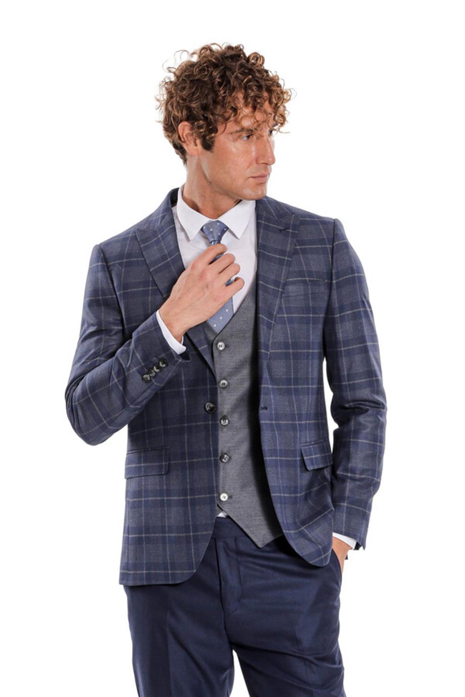 Ekose Ceketli Slim Fit Lacivert Erkek Takım Elbise