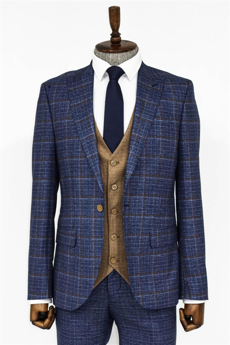 Ekose Ceketli Slim Fit Lacivert Erkek Takım Elbise