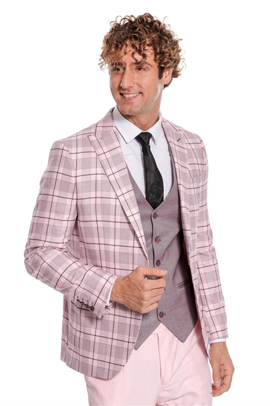 Ekose Ceketli Slim Fit Pembe Erkek Takım Elbise