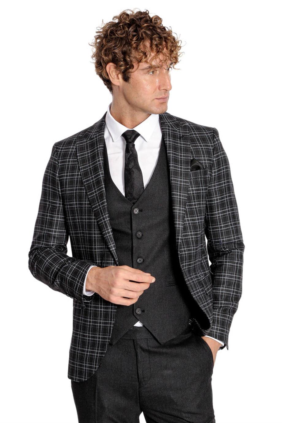 Ekose Ceketli Slim Fit Siyah Erkek Takım Elbise