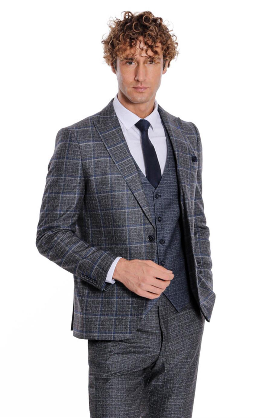 Ekose Ceketli Slim Fit Siyah Erkek Takım Elbise