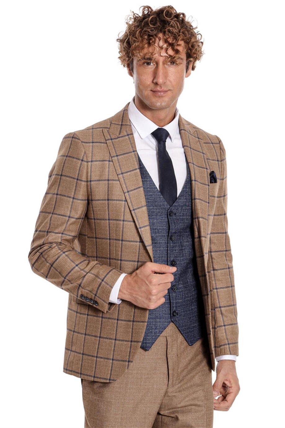 Ekose Ceketli Slim Fit Taba Erkek Takım Elbise