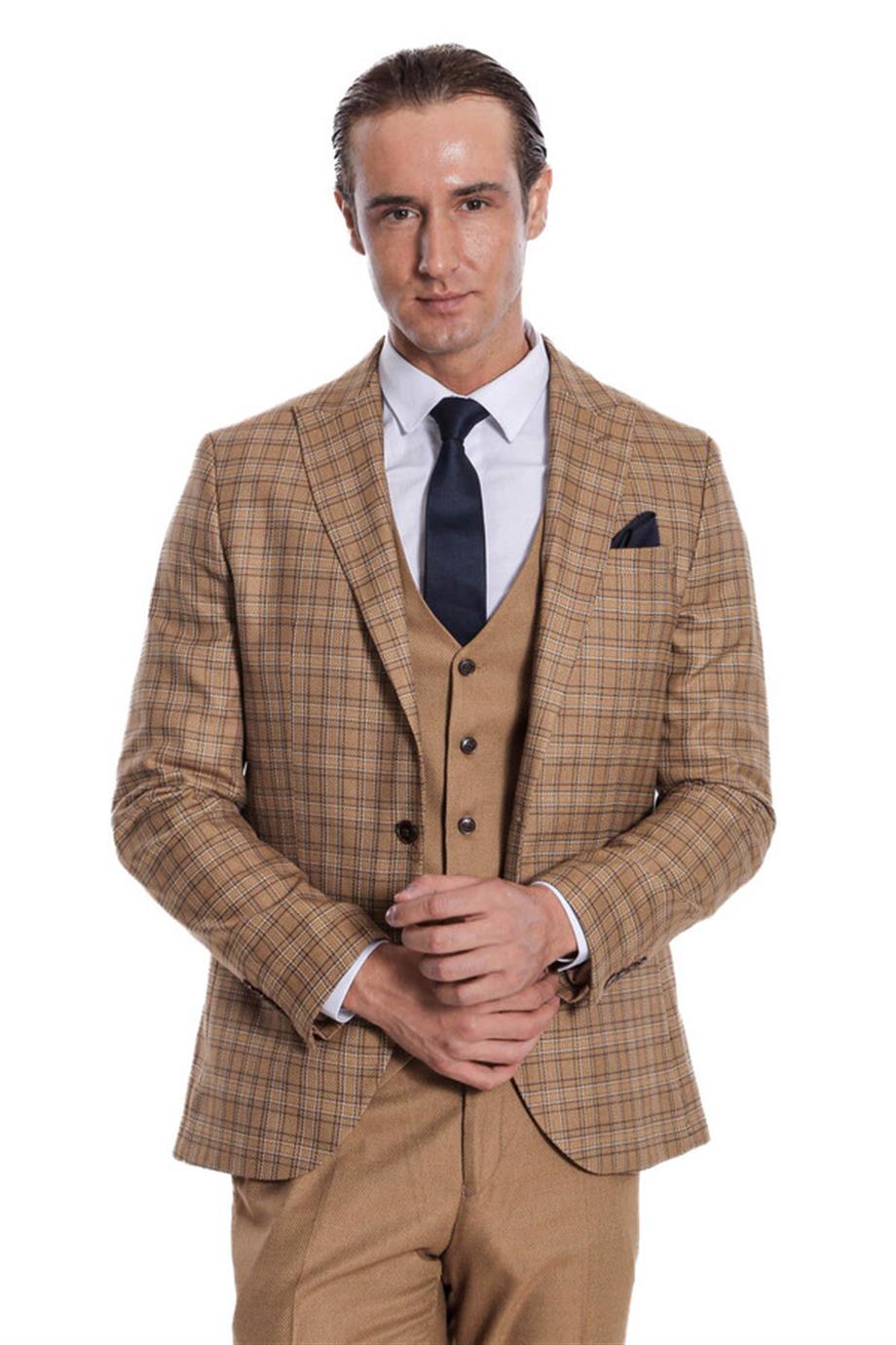 Ekose Ceketli Slim Fit Taba Erkek Takım Elbise