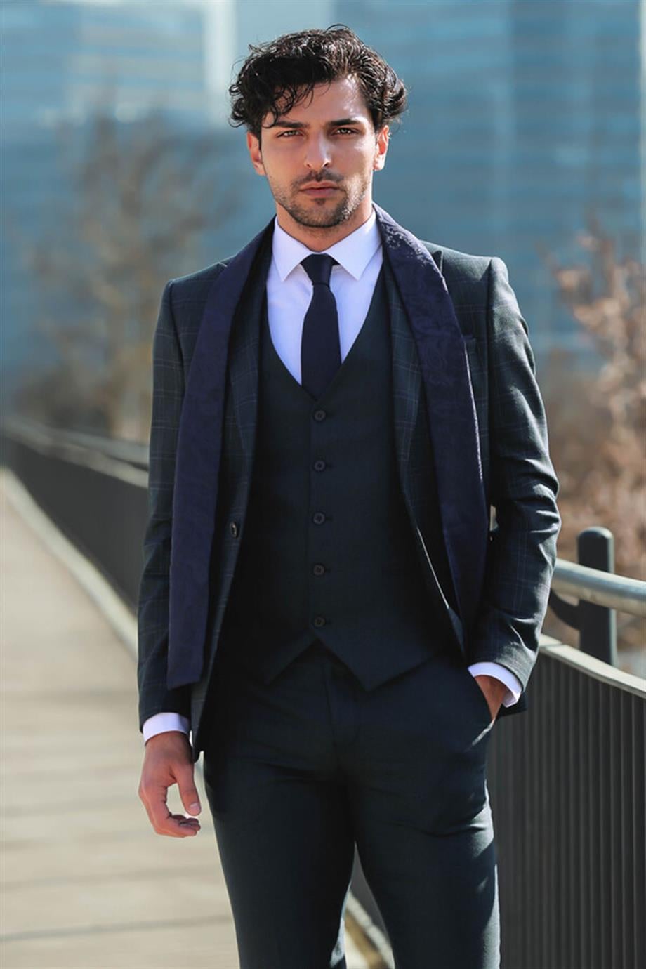 Ekose Ceketli Slim Fit Yeşil Erkek Takım Elbise