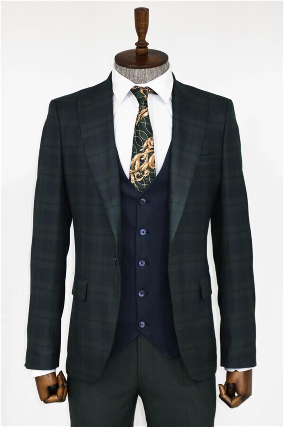 Ekose Ceketli Yeşil Slim Fit Takım Elbise