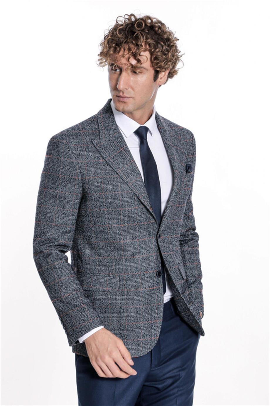 Ekose Desen Slim Fit Lacivert Erkek Ceket