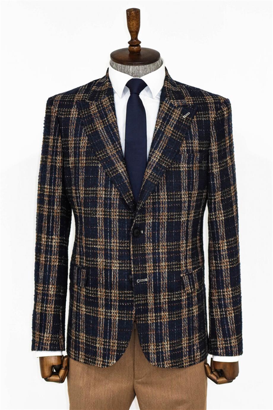 Ekose Desen Slim Fit Lacivert Erkek Ceket