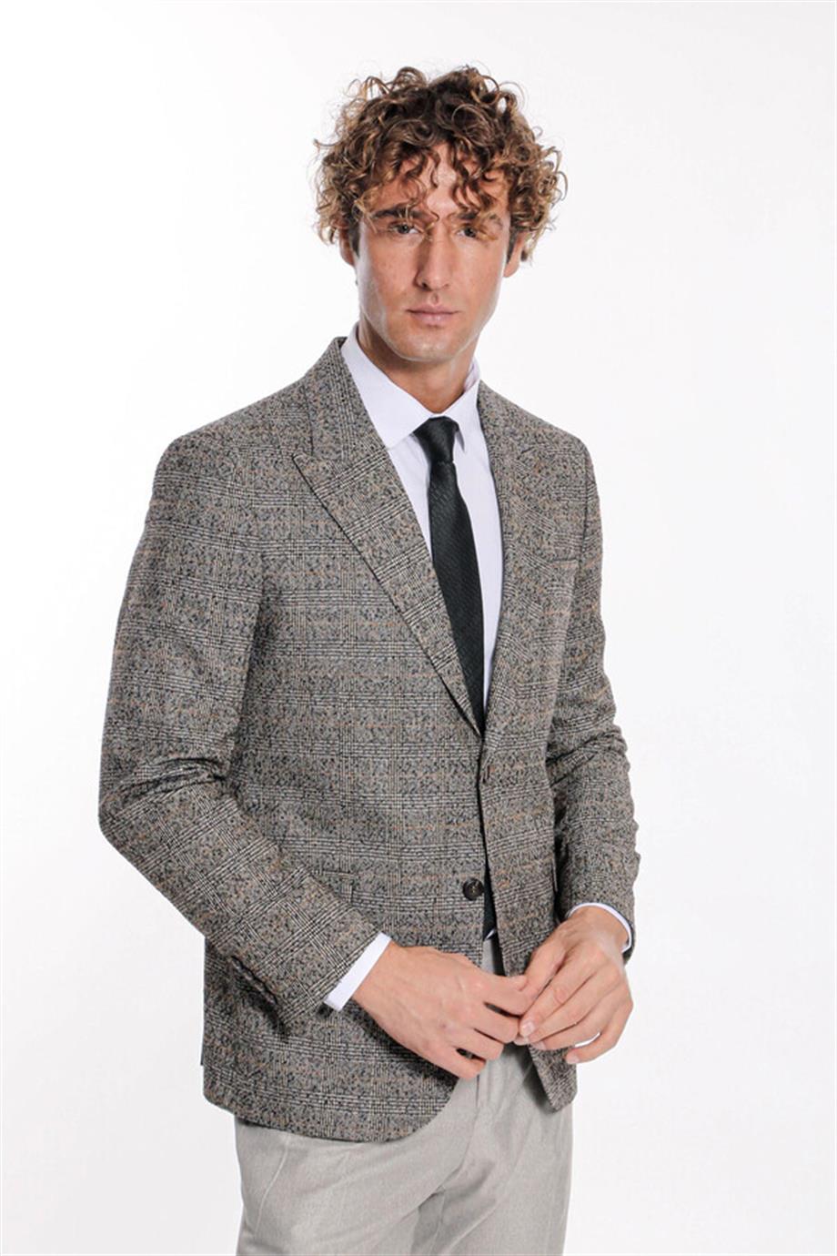 Ekose Desen Slim Fit Siyah Erkek Ceket