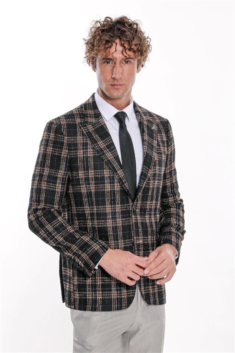 Ekose Desen Slim Fit Siyah Erkek Ceket