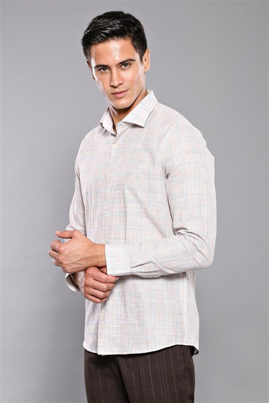 Ekose Desenli Bej Slim Fit Gömlek | Wessi