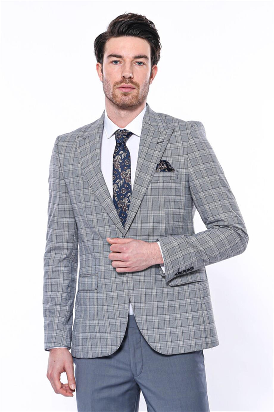 Ekose Desenli Slim Fit Gri Erkek Ceket