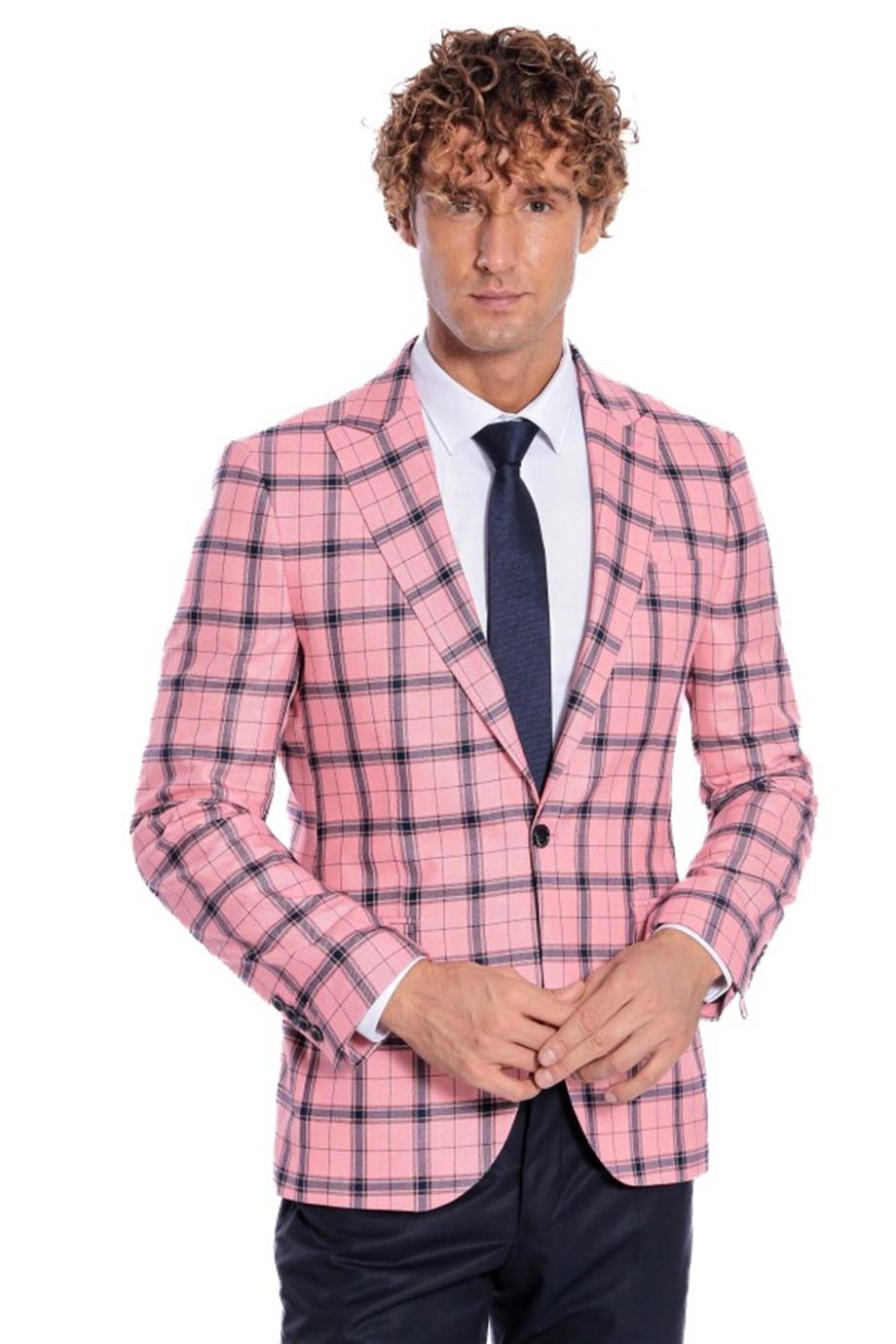 Ekose Desenli Slim Fit Pembe Erkek Ceket