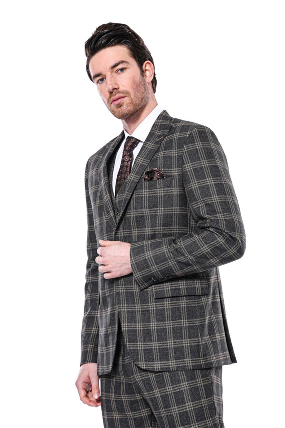 Ekose Desenli Slim Fit Siyah Erkek Ceket