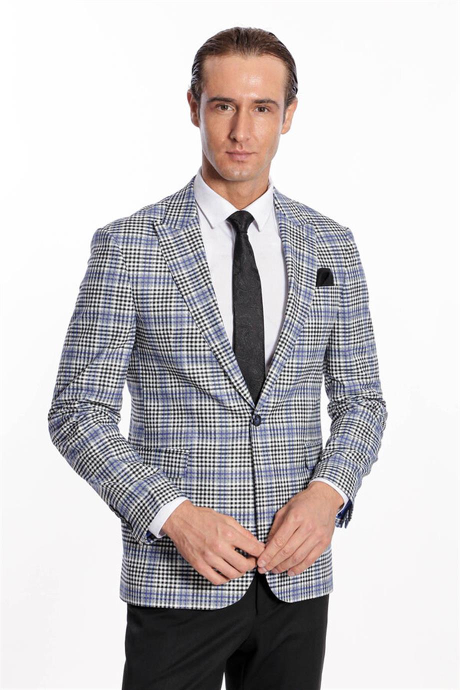 Ekose Desenli Slim Fit Siyah Mavi Erkek Ceket