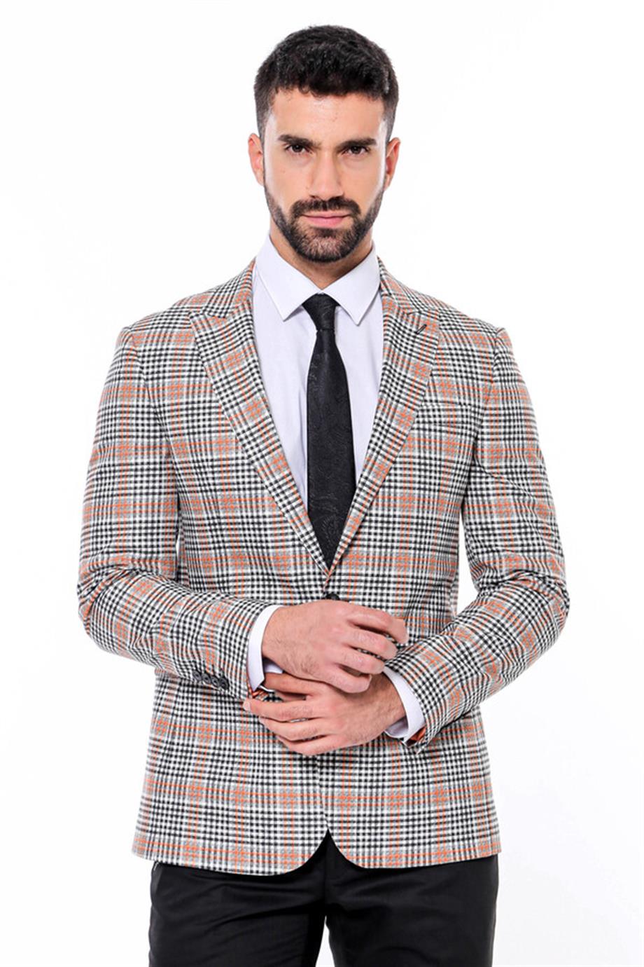 Ekose Desenli Slim Fit Turuncu Siyah Erkek Ceket