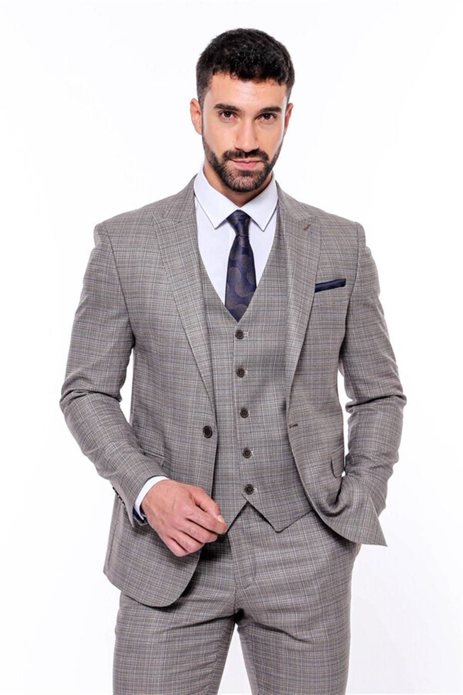 Ekose Desenli Yelekli Slim Fit Bej Erkek Takım Elbise