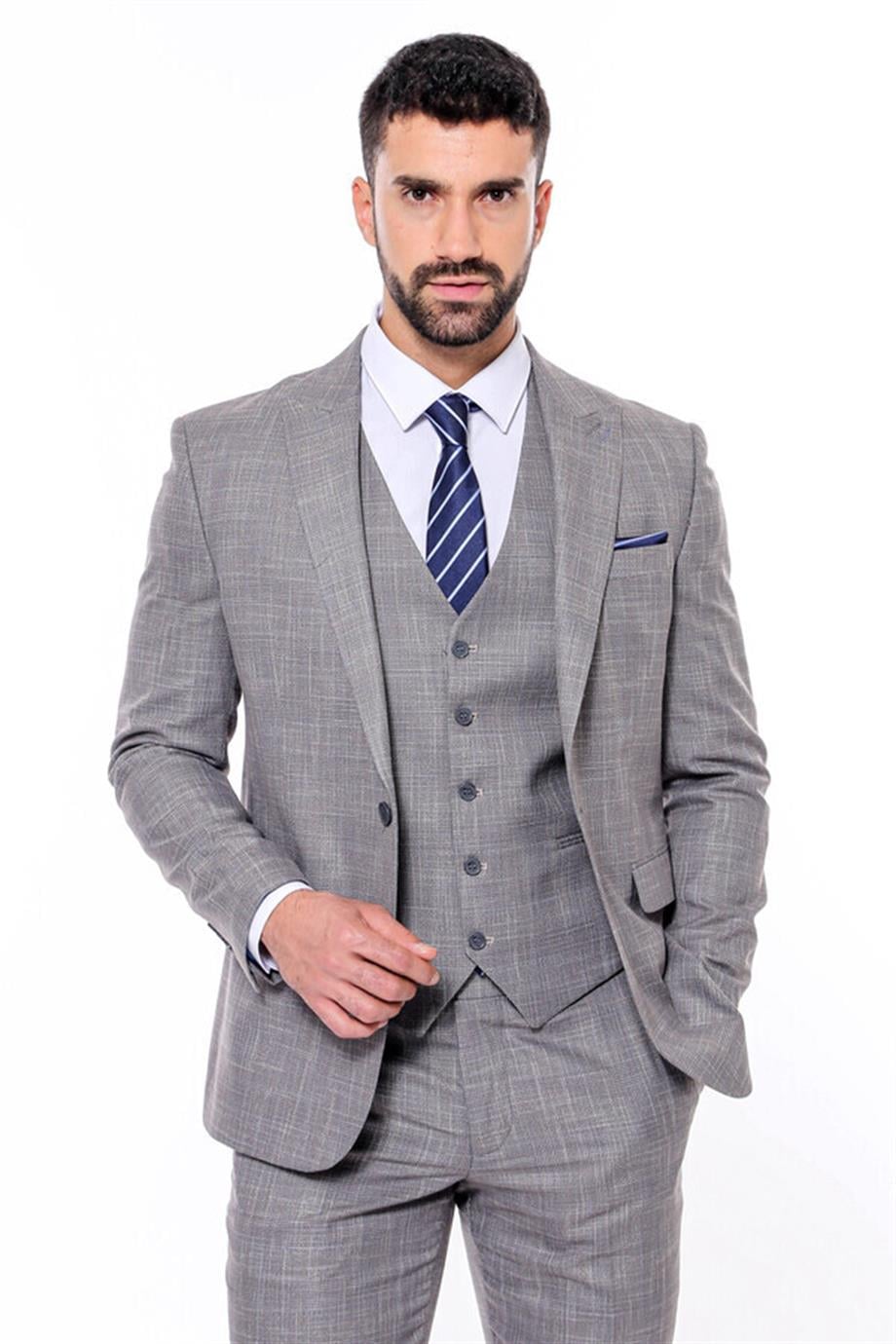 Ekose Desenli Yelekli Slim Fit Gri Erkek Takım Elbise